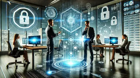 Dall e 2024 06 21 10.33.51 a dynamic and professional scene depicting a collaboration in cybersecurity. a sleek office setting with two business professionals discussing cyberse