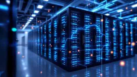 Modern data center secure locked server racks digital data streams cloud security south korean it team