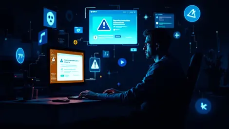 Worried british person at computer dim room cyber risk warnings icons