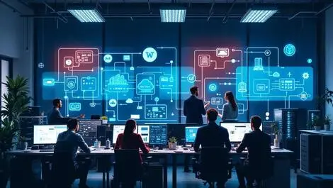 Office scene uk professionals collaborating servers mainframe cloud it modernization