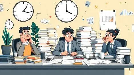 Stressed office workers piles of paperwork calculators spreadsheets clocks lost hours