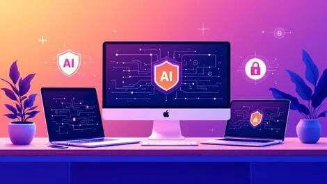 Sleek workspace apple devices macbooks iphones ai network lines security icons