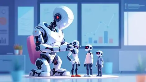 Robot assembling smaller robot assistants office automation ai integration