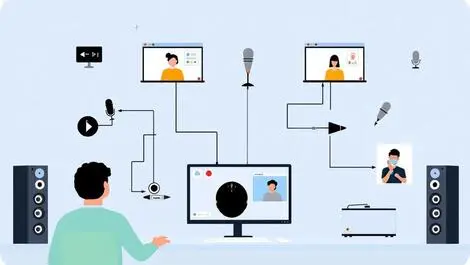 Person controlling audio devices computer microphones speakers meeting rooms flat illustration