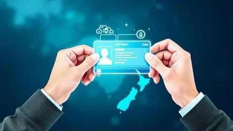 Illustration two hands exchanging digital id card over australia new zealand map symbolizing secure identity verification