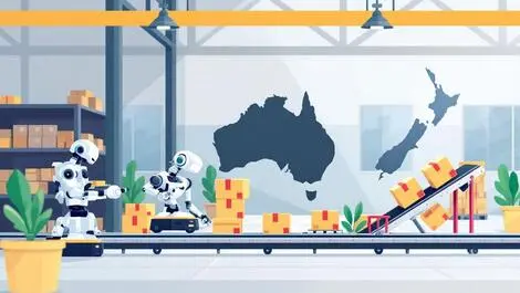 Automated robots conveyor belts packages modern warehouse australia nz map