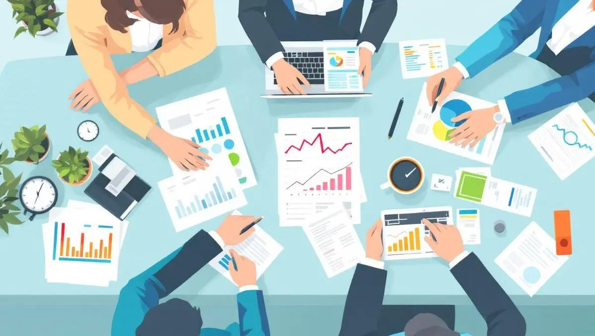 Business professionals analyzing digital graphs charts laptops expense management