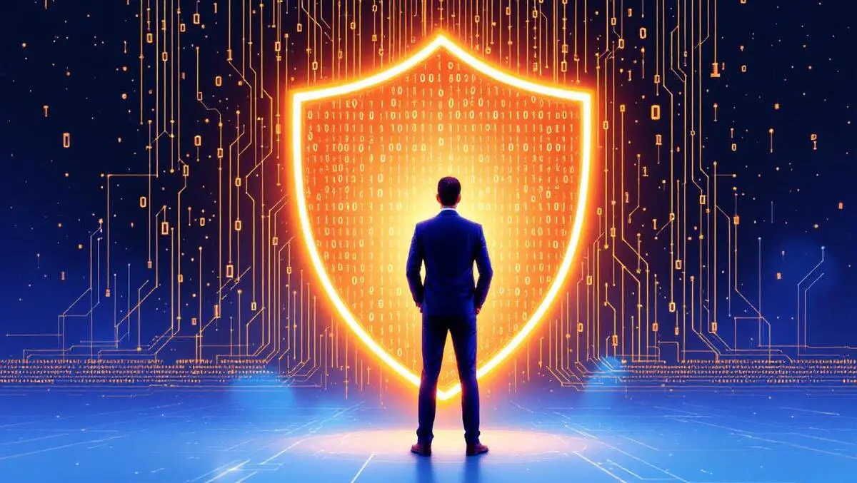 Businessman protecting binary data with glowing shield ai security