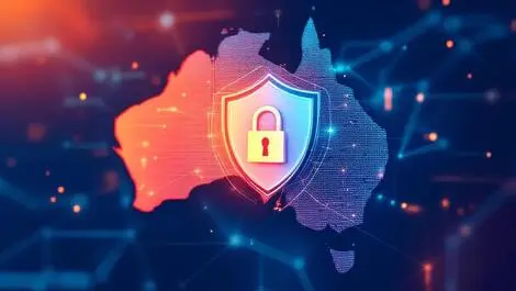 Locked shield over australian map with digital network lines cybersecurity