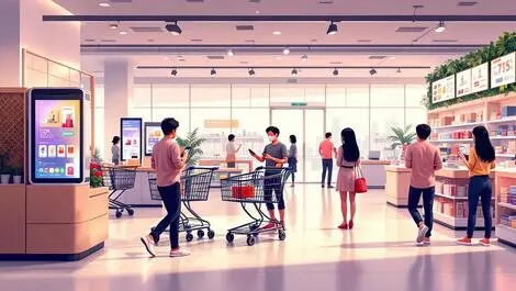 Realistic modern retail store asian city smart carts digital kiosks