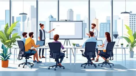 Modern australian office training session ergonomic desks cityscape view