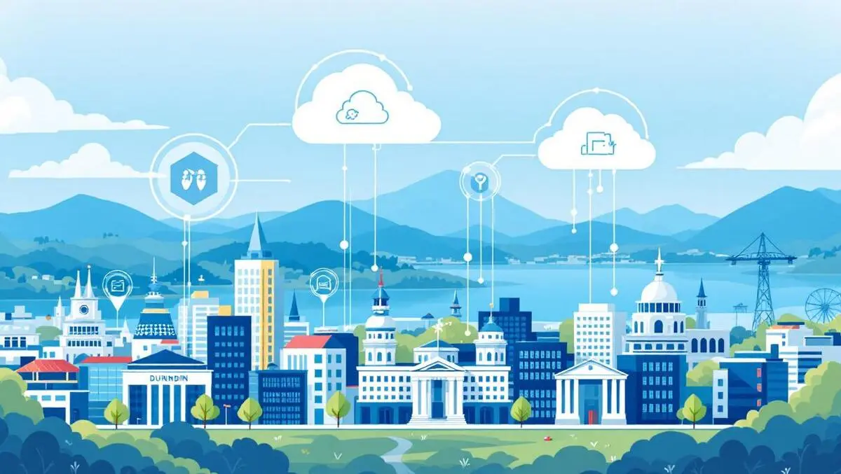 Dunedins skyline with digital cloud icons over government buildings it modernization nz