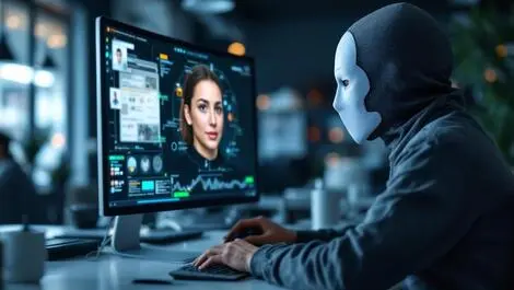 Masked person creating lifelike digital face on computer ai identity fraud