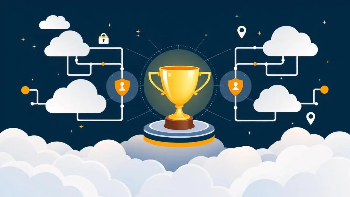 Secure computer network interconnected nodes cloud icons golden trophy award