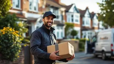 Courier delivering package greater london british houses delivery van fast online