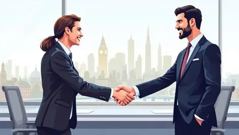 Realistic handshake business professionals modern office london cityscape financial partnership
