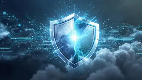 Realistic illustration two secure digital shields merging cybersecurity