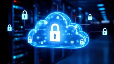 Realistic photo cloud digital lock icons secure cloud access server room