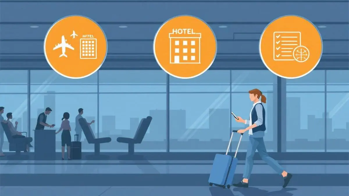 Business traveler airport smartphone suitcase flight hotel expense management icons