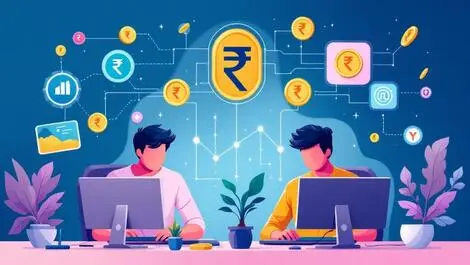 Young indian developers collaborating blockchain technology rupee coins web3