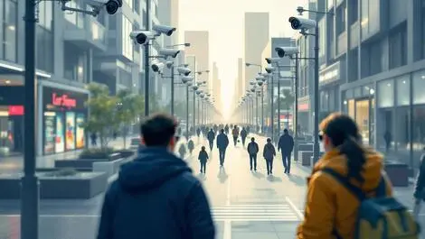 Modern cityscape surveillance cameras people public spaces privacy safety