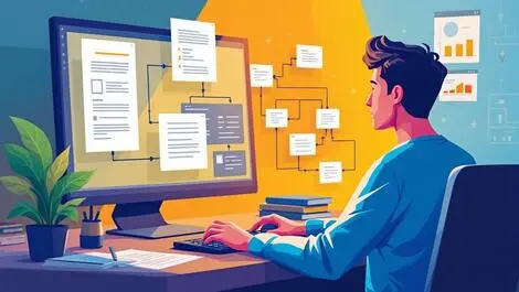 Software developer analyzing digital documents flowcharts data nodes