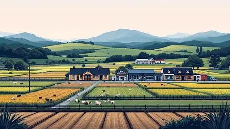 New zealand farm flourishing fields livestock urban shops quiet hills