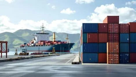 Realistic photo stacked shipping containers cargo dock new zealand cargo ship hills