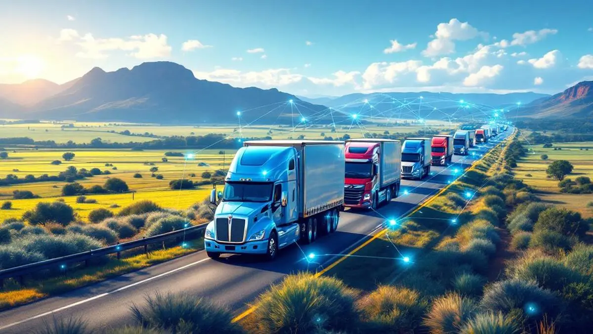 Fleet of trucks on highway in rural australia new zealand with digital network safety