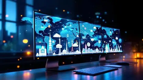 Modern clean website interface global connectivity multiple screens landmarks tech