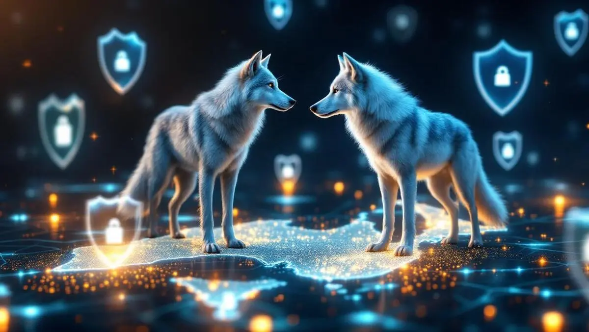 Illustration protective arctic wolf on digital map australia new zealand cybersecurity shields