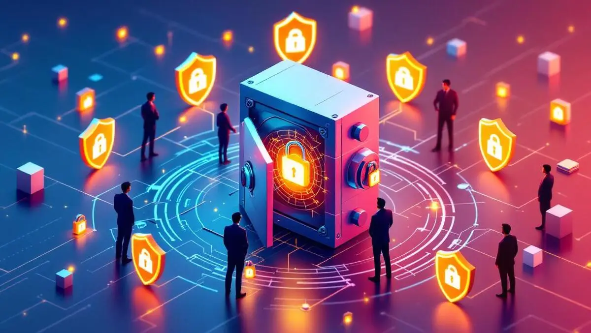 Realistic digital vault with shields glowing locks and guard silhouettes