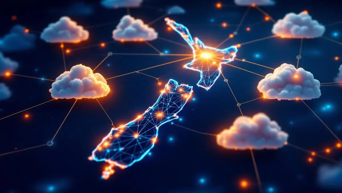 Interconnected clouds glowing lines over new zealand map cloud connectivity