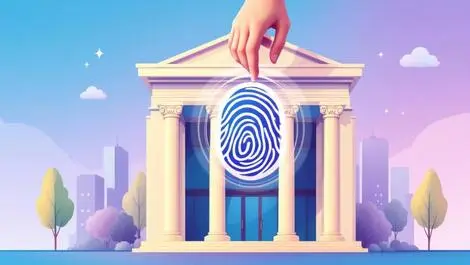 Realistic australian bank building with oversized fingerprint scanner with hand hovering biometric identification