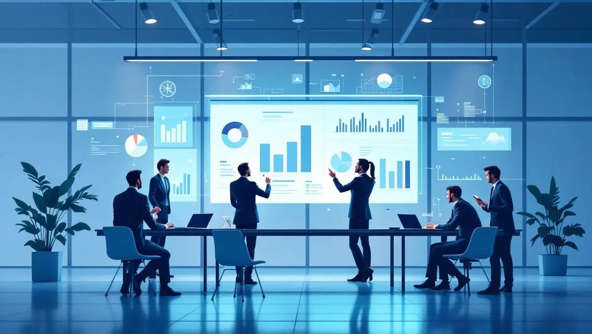 Lawyers modern office interacting digital charts graphs technology legal solutions