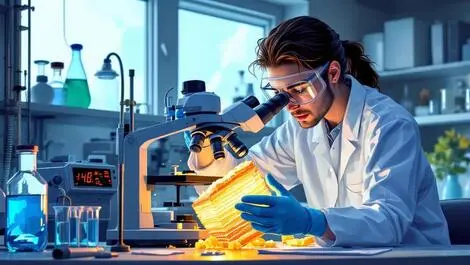 Scientist examining layered crystalline black phosphorus under microscope
