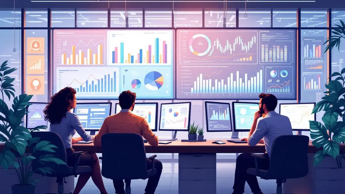 Business executives analyzing ai data modern office decision making