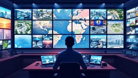 Realistic security camera feed wall global surveillance control room monitoring