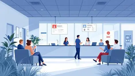 Modern new zealand hospital reception calm patients efficient staff digital screens appointment