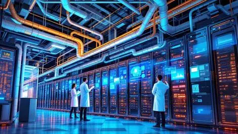 Modern large supercomputer cooling pipes servers australian researchers lab coats