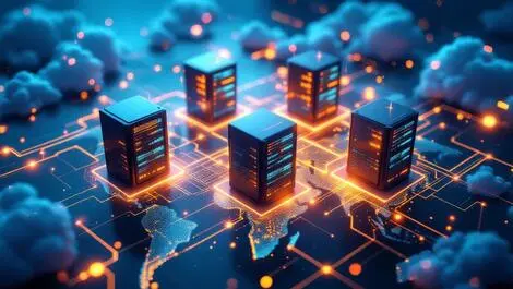 Interconnected cloud servers glowing data streams global ai automation