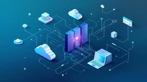 Modern servers cloud symbols connected flowing lines bypassing legacy it