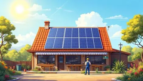 Solar panels on restaurant rooftop in sunny australian landscape technician inspecting