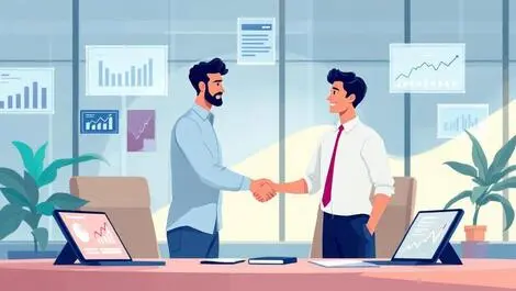 Two professionals shaking hands modern office digital financial charts ai collaboration australia
