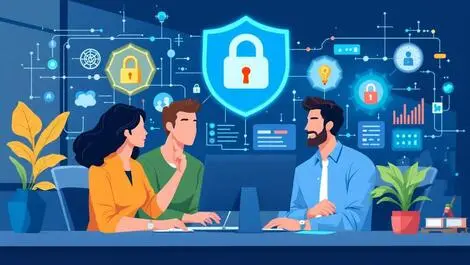 Professionals collaborating around computer digital security icons australian office