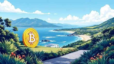 Modern house papamoa beach new zealand bitcoin coin landscape illustration