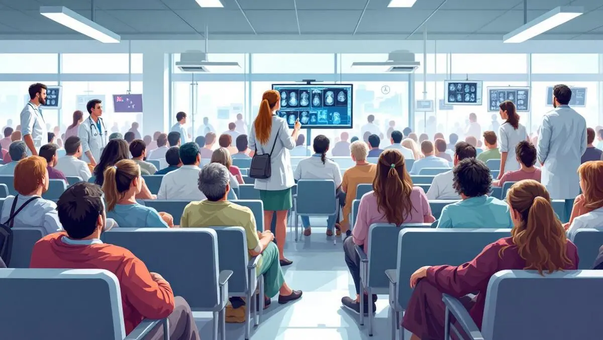 Crowded hospital waiting room new zealand patients doctors digital scans healthcare pressure