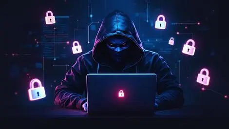 Realistic masked hacker computer dark room digital locks encrypted files ai ransomware