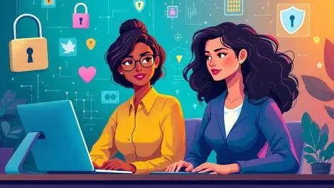 Confident women collaborating computers digital security icons background