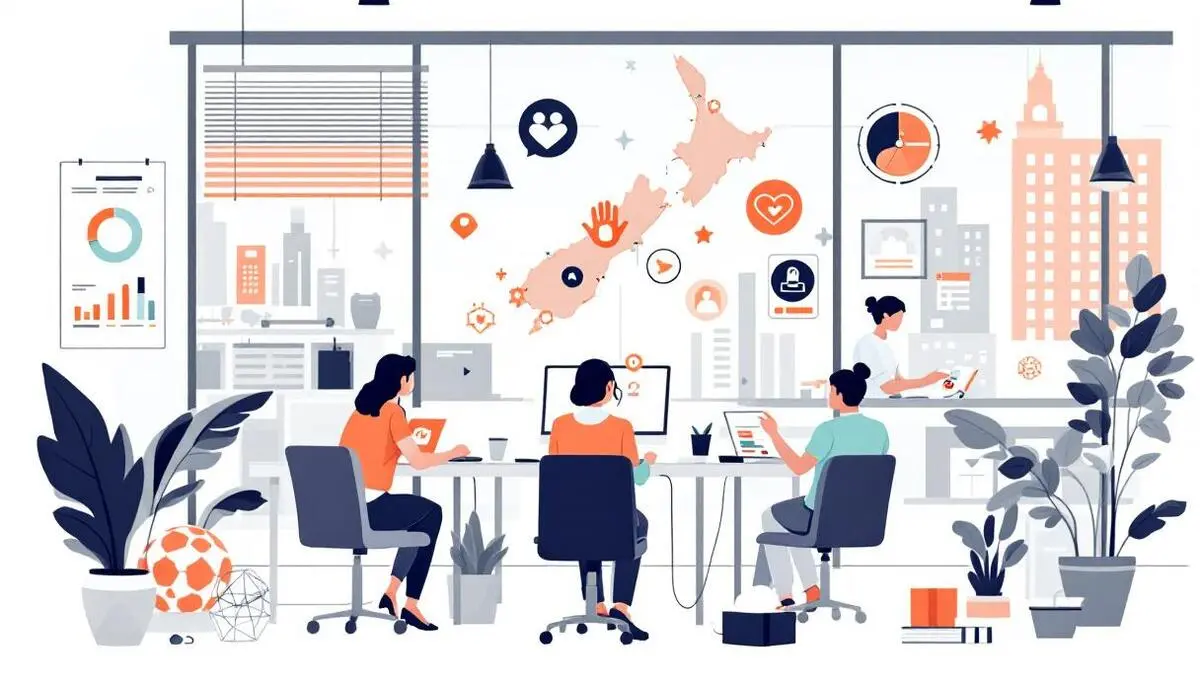 Modern new zealand office team managing technology support automation social impact icons southeast asia europe